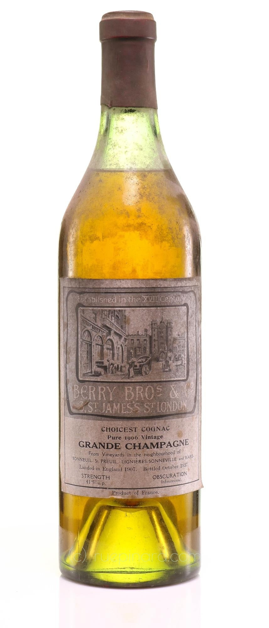 1906 Grande Champagne Cognac, Berry Brothers & Rudd, Bottled 1937 - Rue Pinard